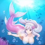  1girl absurdres breasts bubble cleavage fish highres idolmaster jewelry kiria_ai large_breasts long_hair looking_at_viewer mermaid monster_girl monsterification shell shell_bikini shijou_takane smile solo underwater 