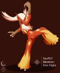  absurdres arm_up blaziken blue_eyes character_name claws colored_sclera commentary_request crescent diamond_(shape) full_body gen_3_pokemon highres mizunogoke no_humans number pokemon pokemon_(creature) red_background repost_notice shiny solo standing standing_on_one_leg watermark yellow_sclera 