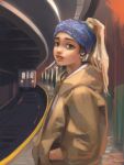  1girl absurdres blonde_hair blue_bandana brown_eyes contemporary earbuds earphones english_commentary fine_art_parody girl_with_a_pearl_earring ground_vehicle hair_through_headwear hands_in_pockets high_ponytail highres hood hood_down hoodie jamusien lips looking_at_viewer nose parody railroad_tracks solo thick_eyebrows train train_station train_station_platform wireless_earphones yellow_hoodie 