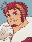  1boy bara blush claude_(tokyo_houkago_summoners) close-up face facial_hair goatee ina_zuma laurel_crown looking_at_viewer male_focus portrait red_hair short_hair sideburns solo tokyo_houkago_summoners 