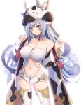  1girl :q absurdres animal_ears animal_print ass_visible_through_thighs bare_shoulders blue_hair breasts cleavage closed_mouth collarbone covered_nipples cow_ears cow_hood cow_print cowboy_shot crop_top detached_collar detached_sleeves granblue_fantasy hands_up highleg highleg_panties highres large_breasts long_hair long_sleeves looking_at_viewer micro_shorts midriff navel open_fly orange_eyes panties ponta_(velmar) shatola_(granblue_fantasy) short_shorts shorts simple_background smile solo standing stomach strapless string_panties thighhighs thighs tongue tongue_out underwear very_long_hair white_background white_legwear white_shorts wide_sleeves 