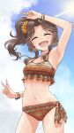  1girl :d ariura_kanna arm_up armpits bangs bikini blue_sky bracelet brown_bikini brown_hair closed_eyes cloud cloudy_sky cowboy_shot day double_v facing_viewer flower full_body hair_flower hair_ornament highres idolmaster idolmaster_cinderella_girls jewelry medium_hair navel open_mouth orange_flower outdoors parted_bangs print_bikini side-tie_bikini side_ponytail sidelocks sky smile solo standing sunlight swimsuit twitter_username unyon v 