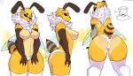  accessory anthro arthropod bee breasts butt clothing doubleclawed female flower flower_in_hair hair hair_accessory hi_res hymenopteran insect legwear non-mammal_breasts panties plant simple_background solo thigh_highs underwear wings yellow_body 
