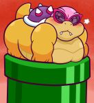  anthro blush butt cute_fangs embarrassed eyewear hi_res koopa koopaling male mario_bros nintendo pecs pipe roy_koopa scalie shell sinribbons solo spiked_shell spikes spikes_(anatomy) stuck sunglasses video_games 