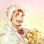  1boy alternate_costume bara blush bouquet bridal_veil claude_(tokyo_houkago_summoners) close-up dress face facial_hair flower formal goatee highres ina_zuma laurel_crown looking_at_viewer male_focus open_mouth portrait red_hair short_hair sideburns sketch smile solo suit tokyo_houkago_summoners veil wedding wedding_dress white_suit 