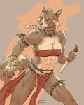  4:5 abs anthro bottomwear bracelet breasts chest_wraps cleavage clothed clothing female fluffy fluffy_tail hi_res jewelry knife loincloth mammal muscular muscular_anthro muscular_female necklace procyonid raccoon skimpy skitalets solo tooth_necklace tribal wraps 