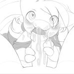  &lt;3 &lt;3_eyes 2020 ambiguous_gender blush bodily_fluids clothed clothing cum cum_in_mouth cum_inside cute_expression first_person_view foreskin genital_fluids genitals greyscale hand_on_penis licking long_tail looking_at_viewer male male/ambiguous monochrome myuu_(rivvoncat) off_shoulder oral penis pigtails rivvoncat simple_background smile tongue tongue_out 