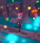  2021 anthro clothing explorer eyewear felid feline forest fungus glasses glowing glowing_fungus glowing_mushroom hi_res male mammal metal_(artist) metal_(character) mushroom plant raining smile solo tree walking 