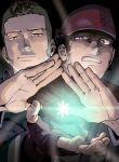  2boys ainu_clothes black_eyes black_hair couple facial_hair floating floating_object glowing golden_kamuy headband highres kadokura_(golden_kamuy) kirawus_(golden_kamuy) long_sleeves looking_at_viewer male_focus mohawk multiple_boys open_hands raised_eyebrow sideburns snowflakes stubble tonta_(tonta1231) undercut upper_body 