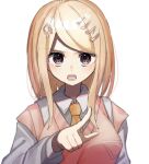  1girl ahoge akamatsu_kaede bangs blonde_hair breasts collared_shirt commentary_request danganronpa_(series) danganronpa_v3:_killing_harmony eighth_note eyebrows_visible_through_hair hair_ornament long_hair long_sleeves looking_at_viewer mdr_(mdrmdr1003) musical_note musical_note_hair_ornament necktie open_mouth orange_neckwear pink_vest pointing pointing_at_viewer red_eyes shirt simple_background solo upper_body vest white_background white_shirt 