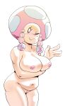  big_breasts box_chan breasts female genitals gesture hi_res holding_breast humanoid looking_at_viewer mammal mario_bros nintendo nipples not_furry one_eye_closed pussy simple_background slightly_chubby smile solo toad_(mario) toadette video_games waving wink 