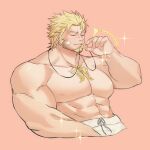  1boy abs bandaid bandaid_on_face bara bare_pecs blonde_hair closed_eyes cropped_legs cross cross_necklace facial_hair goatee highres ina_zuma jacob_(tokyo_houkago_summoners) jewelry kiss male_focus muscular muscular_male necklace nipples pectorals pink_background short_hair sideburns solo tokyo_houkago_summoners wrestling_outfit 