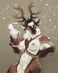 4:5 anthro antlers bell bell_harness beverage breasts capreoline cervid cider featureless_crotch female harness hi_res horn jingle_bell jingle_bell_harness looking_at_viewer mammal neck_tuft nipples nude reindeer skitalets snow solo steam straw tuft 