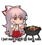  1girl barbecue bow can chibi collared_shirt energy_drink english_commentary english_text eyebrows_visible_through_hair food fujiwara_no_mokou grill grilling hair_between_eyes hair_bow holding holding_can i_just_wanna_grill_for_god&#039;s_sake jokanhiyou kebab long_hair lowres meme monster_energy puffy_short_sleeves puffy_sleeves red_eyes shirt short_sleeves shorts simple_background smile solo standing suspenders touhou very_long_hair white_background 