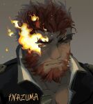  1boy bara beard collared_jacket dark_skin dark_skinned_male face facial_hair flaming_eye hephaestus_(tokyo_houkago_summoners) highres ina_zuma jacket looking_at_viewer male_focus muscular muscular_male open_clothes open_jacket pectorals portrait red_eyes red_hair short_hair solo thick_eyebrows tokyo_houkago_summoners zipper 
