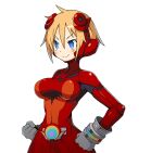  1girl blonde_hair blue_eyes bodysuit breasts closed_mouth covered_navel cowboy_shot disgaea gloves grey_gloves harada_takehito makai_senki_disgaea_6 medium_breasts nijino_piyori official_art red_bodysuit sentai shiny shiny_clothes short_hair skin_tight smile solo very_short_hair 