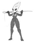  absurd_res anthro arthropod beamerbruh breasts female genitals hi_res hollow_knight hornet_(hollow_knight) insect monochrome nail_(weapon) navel nipples non-mammal_breasts nude pussy silk small_breasts solo standing string team_cherry video_games 