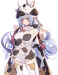  1girl :q absurdres animal_ears animal_print ass_visible_through_thighs bare_shoulders blue_hair breasts cleavage closed_mouth collarbone covered_nipples cow_ears cow_hood cow_print cowboy_shot crop_top detached_collar detached_sleeves granblue_fantasy hands_up highleg highleg_panties highres large_breasts long_hair long_sleeves looking_at_viewer micro_shorts midriff navel open_fly orange_eyes panties ponta_(velmar) see-through shatola_(granblue_fantasy) shirt short_shorts shorts simple_background smile solo standing stomach strapless string_panties thighhighs thighs tongue tongue_out underwear very_long_hair white_background white_legwear white_shirt white_shorts wide_sleeves 