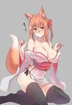  1girl animal_ear_fluff animal_ears bangs bare_shoulders black_legwear black_panties blush breasts brown_eyes butterfly_hair_ornament cleavage closed_mouth collarbone commentary_request detached_sleeves eyebrows_visible_through_hair footwear_removed fox_ears fox_girl fox_shadow_puppet fox_tail grey_background hair_between_eyes hair_ornament japanese_clothes large_breasts looking_at_viewer medium_hair navel orange_hair original panties red_sash sash sawaya_(mizukazu) see-through simple_background sitting solo tail thighhighs translation_request underwear wide_sleeves 