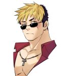  1boy bara bare_pecs black_hair blonde_hair blush cropped_shoulders cross cross_necklace ina_zuma jewelry looking_at_viewer male_focus multicolored_hair muscular muscular_male necklace pectorals scar scar_across_eye short_hair solo sunglasses tetsuya_(tokyo_houkago_summoners) tokyo_houkago_summoners two-tone_hair white_background 