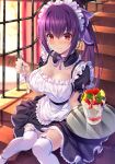  1girl alternate_costume apron bangs blush dessert emanon123 enmaided fate/grand_order fate_(series) food hair_ribbon highres long_hair looking_at_viewer maid maid_apron maid_headdress parfait ponytail purple_hair purple_ribbon red_eyes ribbon scathach_(fate)_(all) scathach_skadi_(fate/grand_order) sidelocks sitting solo stairs thighs tray white_legwear 