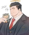  1boy arsalan_(tokyo_houkago_summoners) bara black_hair black_suit chibi dated facial_hair formal halo highres ina_zuma lion_boy male_focus muscular muscular_male official_alternate_costume on_shoulder pectorals short_hair striped_suit stubble tokyo_houkago_summoners zabaniya_(tokyo_houkago_summoners) 