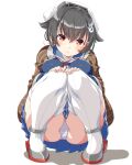  1girl bangs blue_serafuku blue_skirt blush breasts closed_mouth dd_(ijigendd) eyebrows_visible_through_hair grey_hair hair_flaps hair_ornament hairclip headgear highres jingei_(kantai_collection) kantai_collection large_breasts long_hair looking_at_viewer panties pantyshot pleated_skirt red_eyes rudder_footwear sailor_collar school_uniform serafuku shawl shoes simple_background skirt smile solo squatting thighhighs underwear white_background white_legwear white_panties 