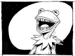  2020 ambiguous_gender amphibian anthro black_and_white border conditional_dnp frog jollyjack kermit_the_frog monochrome muppets nightmare_fuel open_mouth simple_background solo teeth what_has_science_done where_is_your_god_now white_border 