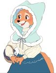  2021 anthro basket blush canid canine clothed clothing disney female fox fully_clothed fur hood maid_marian mammal memegmu open_mouth open_smile orange_body orange_fur robin_hood_(disney) simple_background smile solo white_background 