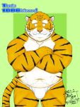  2021 3:4 anthro asian_clothing belly bulge clothing east_asian_clothing english_text eyes_closed felid fundoshi fur hi_res humanoid_hands japanese_clothing kemono male mammal navel overweight overweight_anthro overweight_male pantherine solo tanutronik753_k text tiger underwear white_body white_fur yellow_body yellow_fur 