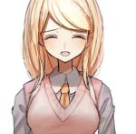  1girl ahoge akamatsu_kaede arms_at_sides bangs blonde_hair breasts closed_eyes collared_shirt commentary_request danganronpa_(series) danganronpa_v3:_killing_harmony eighth_note eyebrows_visible_through_hair facing_viewer hair_ornament long_hair long_sleeves mdr_(mdrmdr1003) musical_note musical_note_hair_ornament necktie open_mouth orange_neckwear pink_vest shirt simple_background solo sweater_vest upper_body vest white_background white_shirt 