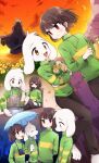  asriel_dreemurr asriel_dreemurr_(god_form) blush bovid caprine chair clothed clothing collar cooking flower fur furniture goat human male male/male mammal monster paws petals plant porygonleft raining red_eyes smile sunset umbrella undertale video_games white_body white_fur young 