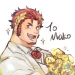  1boy alternate_costume bara blush bouquet claude_(tokyo_houkago_summoners) close-up dress face facial_hair flower formal goatee highres ina_zuma laurel_crown looking_at_viewer male_focus open_mouth portrait red_hair short_hair sideburns sketch smile solo suit tokyo_houkago_summoners wedding wedding_dress white_suit 