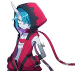  1boy armlet blue_hair closed_mouth colored_skin cowboy_shot disgaea expressionless gloves grey_skin hair_over_one_eye hands_in_pockets harada_takehito hood hoodie horns looking_away makai_senki_disgaea_6 male_focus messy_hair official_art red_eyes single_horn skin-covered_horns solo zed_(disgaea) 