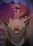  3_eyes ambiguous_gender anthro black_eyes blurred_foreground bodypaint canid canine close-up face_paint facial_piercing fox hair hi_res mammal melnz multi_eye nose_piercing nose_ring piercing pink_nose signature solo white_hair yellow_sclera 