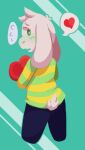  &lt;3 asriel_dreemurr blush bovid caprine clothed clothing gift goat green_eyes long_ears looking_back male mammal monster solo undertale unknown_artist video_games young 