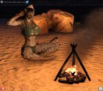  3d_(artwork) anthro artificial_lifeform athletic athletic_anthro athletic_female beach big_breasts bioroid braided_hair breasts campfire cheetah cleavage clothed clothing conan_exiles curvy_figure daz3d daz_3d daz_studio digital_media_(artwork) ennex_wandi_(loneclaw) felid feline female hair half_naked hourglass_figure loneclaw mammal muscular muscular_anthro muscular_female night partially_clothed seaside slim small_waist solo stranded super_soldier survival tattered_clothing text url 
