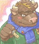  2021 anthro blush bovid bovine brown_body brown_fur cattle clothing fur humanoid_hands kemono male mammal misterdonn overweight overweight_anthro overweight_male scarf solo sweater topwear 