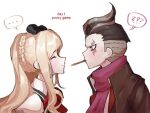  ... 1boy 1girl ? ?? bangs barry_nah black_bow black_hair black_jacket blonde_hair blush bow bowtie braid closed_eyes commentary_request danganronpa_(series) danganronpa_2:_goodbye_despair english_text food french_braid from_side grey_eyes grey_hair hair_bow highres jacket long_hair looking_at_another mouth_hold multicolored_hair pocky profile puffy_short_sleeves puffy_sleeves purple_scarf red_bow scarf short_hair short_sleeves simple_background smile sonia_nevermind spoken_ellipsis spoken_question_mark sweatdrop tanaka_gandamu white_background 