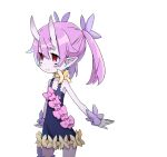  1girl bieko_(disgaea) bow choker closed_mouth colored_skin cowboy_shot disgaea dress dress_bow earrings harada_takehito horns jewelry leg_garter legs_apart looking_away makai_senki_disgaea_6 official_art pink_bow pink_hair pointy_ears purple_dress purple_skin red_eyes ribbon_choker short_hair skin-covered_horns smile solo twintails wrist_cuffs yellow_bow yellow_neckwear 