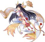  1girl :d ark_order artist_request bangs bare_shoulders black_hair bow breasts claw_(weapon) detached_sleeves dress feather_hair_ornament feathers full_body hair_ornament head_wings large_breasts long_hair looking_at_viewer official_art pelvic_curtain red_bow scroll shoes side_slit sideboob sidelocks sleeve_cuffs smile solo tachi-e thighhighs transparent_background v-shaped_eyebrows very_long_hair waist_bow weapon white_dress white_legwear xuannu_(ark_order) yellow_eyes 