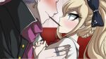  1boy 1girl black_bow black_jacket blonde_hair blush bow braid commentary couch criis-chan danganronpa_(series) danganronpa_2:_goodbye_despair earrings eye_contact food french_braid from_side green_eyes grey_hair hair_bow hands_clasped head_out_of_frame hetero imminent_kiss jacket jewelry long_hair long_sleeves looking_at_another mouth_hold own_hands_together pocky ponytail puffy_short_sleeves puffy_sleeves purple_scarf ring scarf short_sleeves shoulder_grab smile sonia_nevermind tanaka_gandamu watermark web_address 