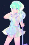  1boy absurdres androgynous arm_over_shoulder bucket collar crossdressing dark_background earrings green_hair heart_apron highres holding iridescent jewelry km_(ksolee1201) lio_fotia maid maid_headdress otoko_no_ko pink_eyes promare ribbon see-through short_hair short_sleeves simple_background sparkle 