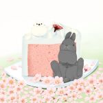  animal_focus bird bunny cake chick chiffon_cake commentary_request flower_request food food_focus gradient gradient_background grass green_background lilac_(p-f_easy) looking_at_viewer original plate shadow sitting white_background 