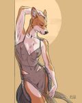  4:5 anthro breasts canid canine canis clothing eyes_closed featureless_crotch female fur hand_on_head hi_res jackal mammal nightgown nipples scar skitalets smile solo standing tan_body tan_fur translucent translucent_clothing 