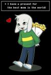  &lt;3 asriel_dreemurr black_background bovid caprine clothed clothing english_text flower fur gift goat male mammal monster plant simple_background snajeyart solo text undertale video_games white_body white_fur young 
