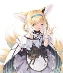  2020 5_fingers absurd_res accessory animal_humanoid arknights blonde_hair blush braided_hair canid canid_humanoid canine canine_humanoid clothing female fingers fox_humanoid gloves green_eyes hair hair_accessory hairband handwear hi_res humanoid jiusan_naitan looking_at_viewer mammal mammal_humanoid multi_tail one_eye_closed open_mouth simple_background smile solo suzuran_(arknights) white_background young 