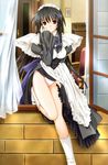  akishima_kanako black_hair breasts chocolat_maid_cafe_curio frills from_outside highres huge_breasts long_hair maid nekonyan panties pantyshot sitting_in_window skirt skirt_pull socks solo underwear window 