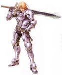  absurdres armor belt brown_hair helmet huge_sword huge_weapon knight long_hair male scan simple_background solo sword yamashita_shunya 