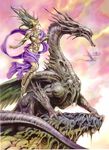  absurdres armor dragon elf fantasy flying green_eyes green_hair plait pointy_ears solo yamashita_shunya 